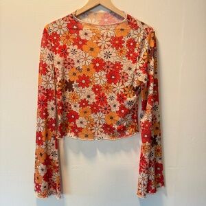 70’s Bell Sleeve Daisy Floral Long Sleeve Sheer Festival Crop Top